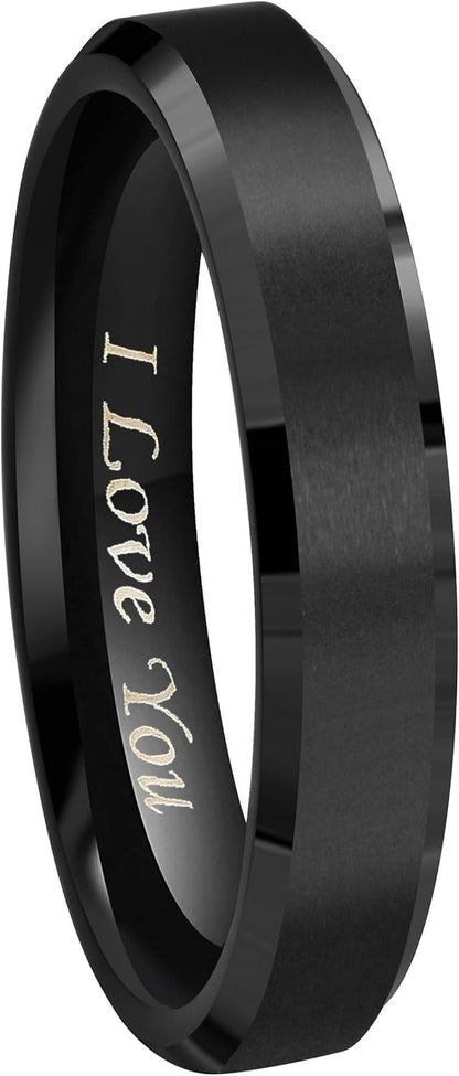 Crownal 4Mm 6Mm 8Mm Black/Silver/Gunmetal/Gold Tungsten Wedding Couple Bands Rings Men Women Matte Brushed Finish Center Engraved "I Love You" Size 4 to 17
