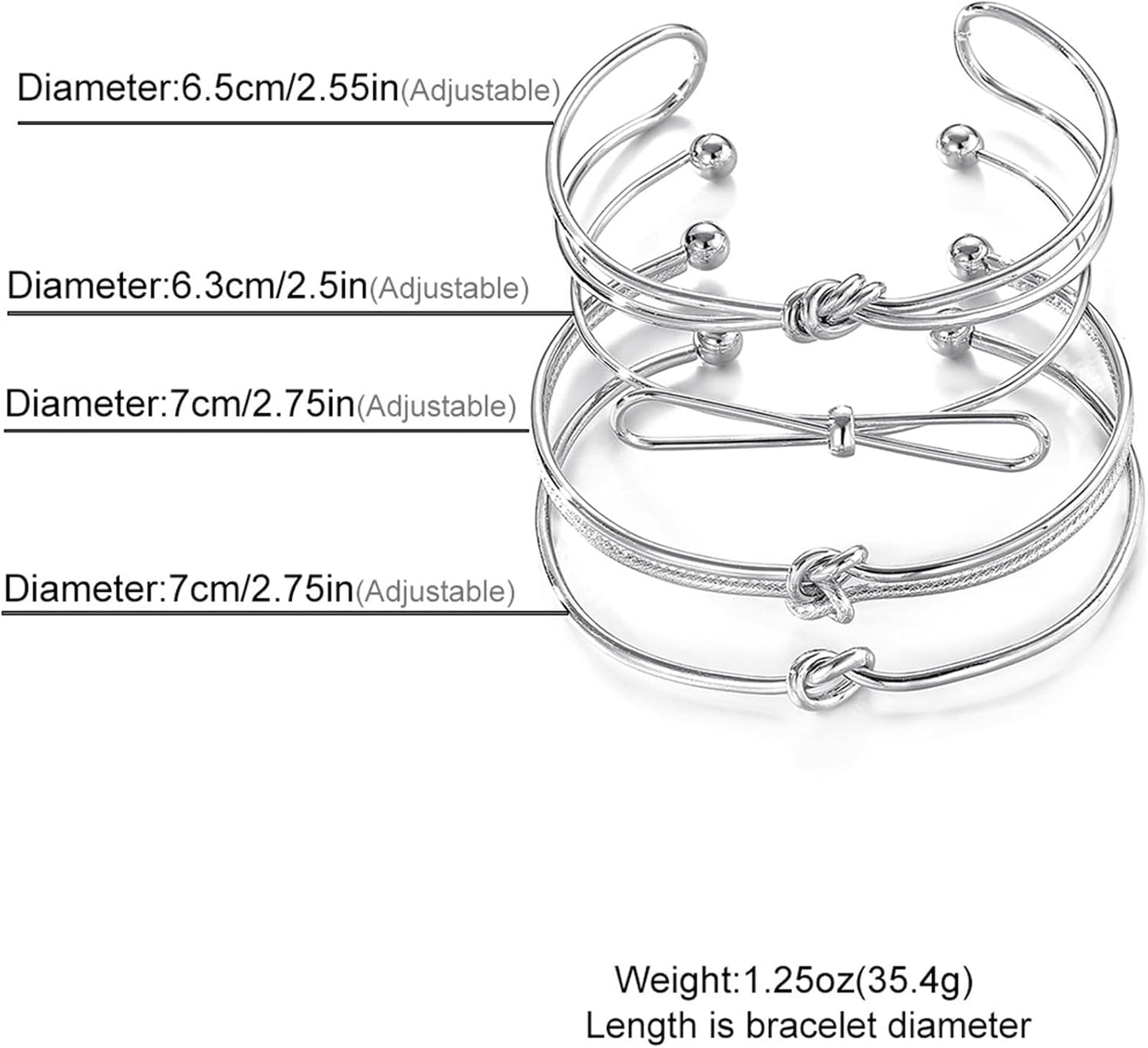Silver Knot Bangle Bracelets for Women Dainty Knot Cuff Bangle Bracelet Set Adjustable Open Love Knot Bracelet Non Tarnish Waterproof Jewelry