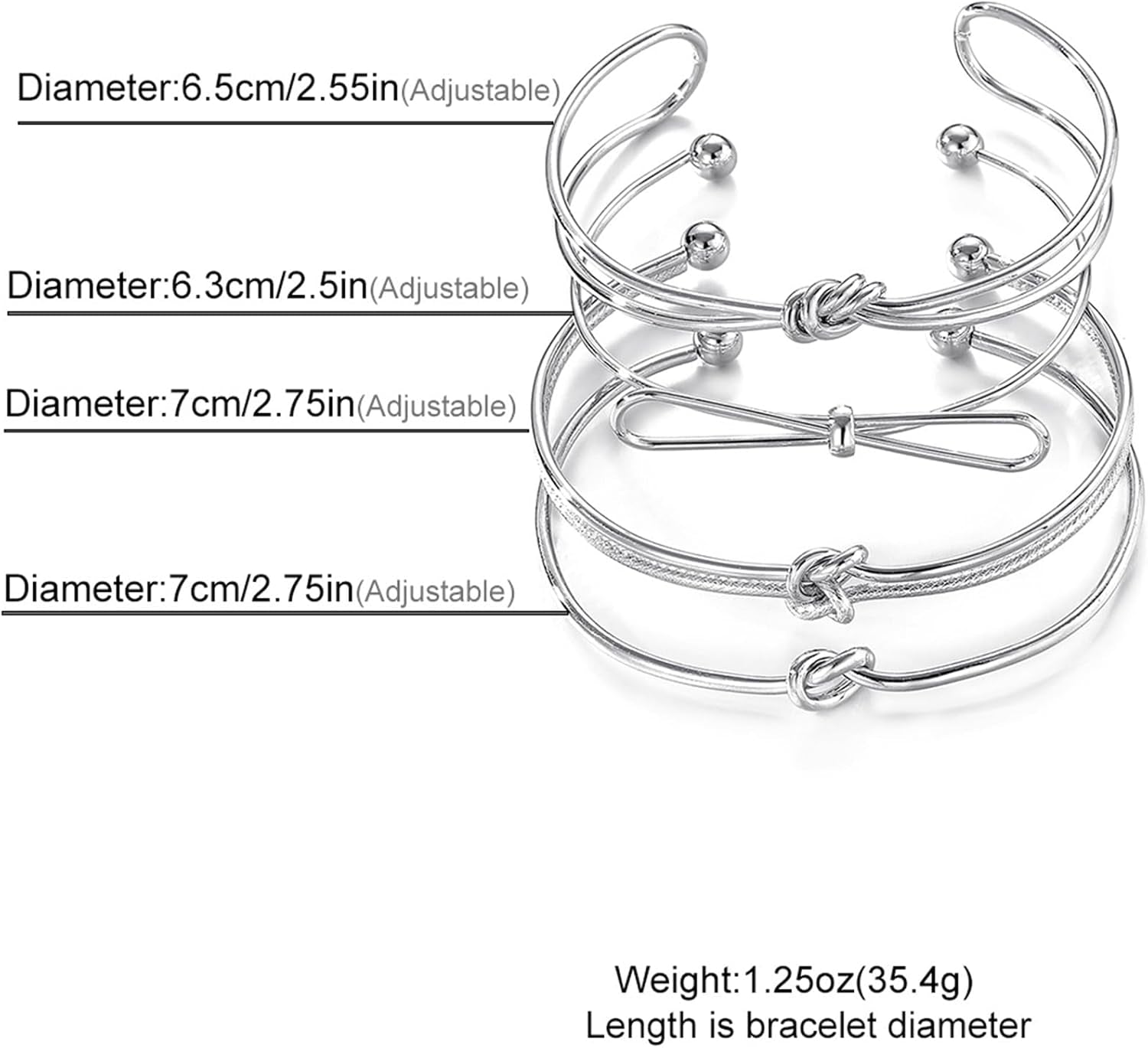 Silver Knot Bangle Bracelets for Women Dainty Knot Cuff Bangle Bracelet Set Adjustable Open Love Knot Bracelet Non Tarnish Waterproof Jewelry