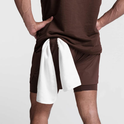 Men's quick-dry gym shorts side profile showing fit