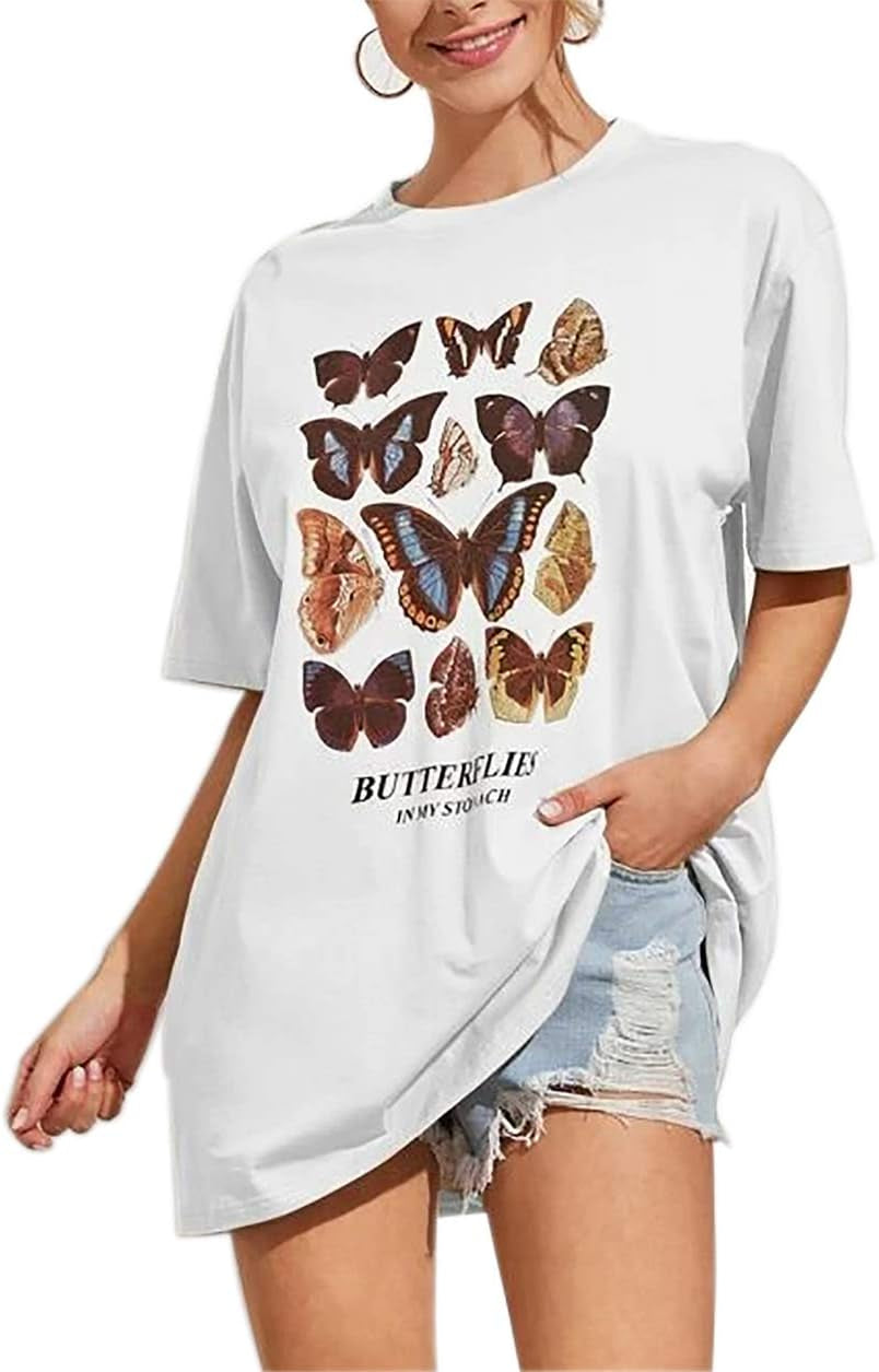 Meladyan Women’S Oversize Graphic Printed Loose Tee Short Sleeve round Neck Loose Tee Shirts Tops
