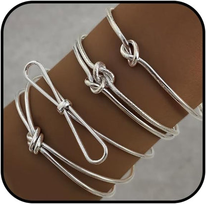 Silver Knot Bangle Bracelets for Women Dainty Knot Cuff Bangle Bracelet Set Adjustable Open Love Knot Bracelet Non Tarnish Waterproof Jewelry