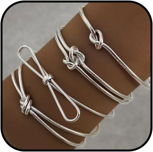 Silver Knot Bangle Bracelets for Women Dainty Knot Cuff Bangle Bracelet Set Adjustable Open Love Knot Bracelet Non Tarnish Waterproof Jewelry
