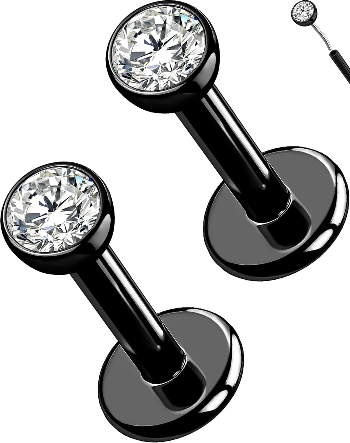 OUFER 2Pcs 20G/18G/16G G23 Titanium Threadless Nose Stud Earrings Flat Back Tiny CZ Small Nose Helix Cartilage Tragus Conch Labret Medusa Monroe Piercing Jewelry for Women Men