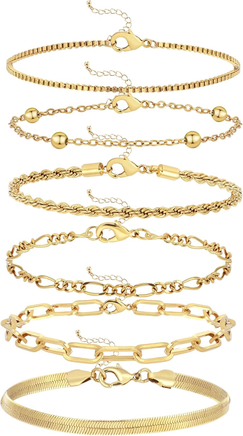 Wgoud Waterproof Gold Bracelets for Women Trendy, Dainty 14K Real Gold Plated Fashion Stackable Bracelet Sets for Women Thin Cuban Link Paperclip Chain Bracelets Layered Gold Jewelry Sets Gifts for Womens