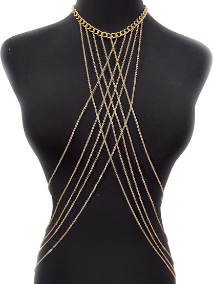 Harness Body Chain Sexy Layered Tassel Belly Waist Chain Necklace Boho Hot Bikini Nightclub Party Beach Body Jewelry for Women and Ladies Gold Tone