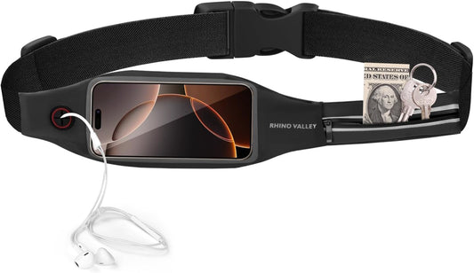 Black waterproof running belt fanny pack with reflective strips and phone pocket