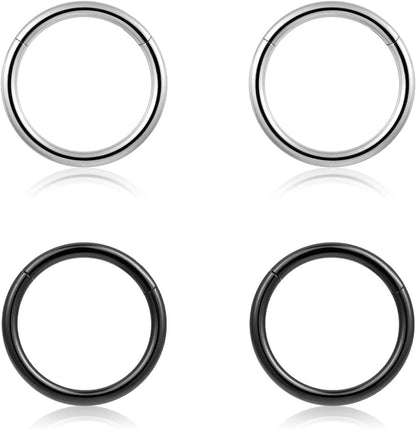 4Pcs 16G 18G 20G Surgical-Steel-Piercing-Ring-Nose-Rings-Hinged-Hoop-Earrings,6Mm 8Mm 10Mm 12Mm Seamless Stainless Steel Clicker Eyebrow Septum Piercing Hoop,Sliver Black Gold Rose Gold Rainbow Body Jewelry Set