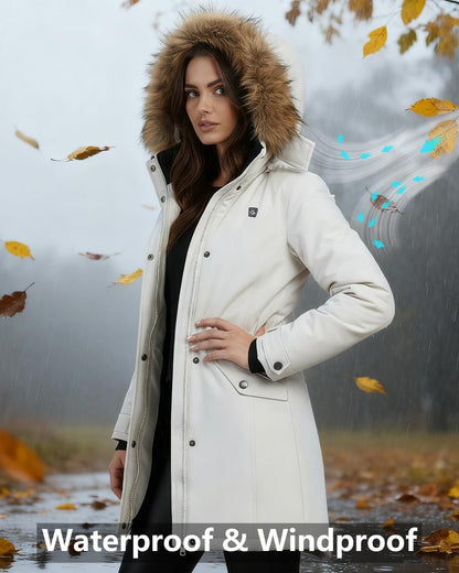Woman wearing graphene heated jacket in winter