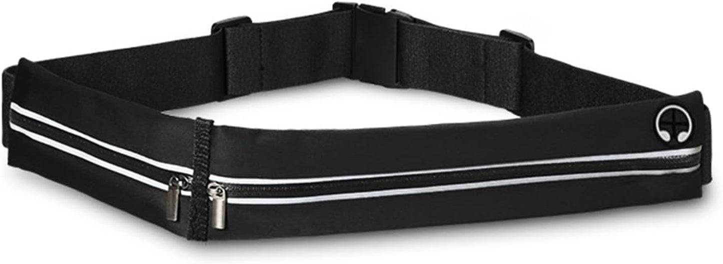 Black slim running belt with reflective strips worn around woman's waist