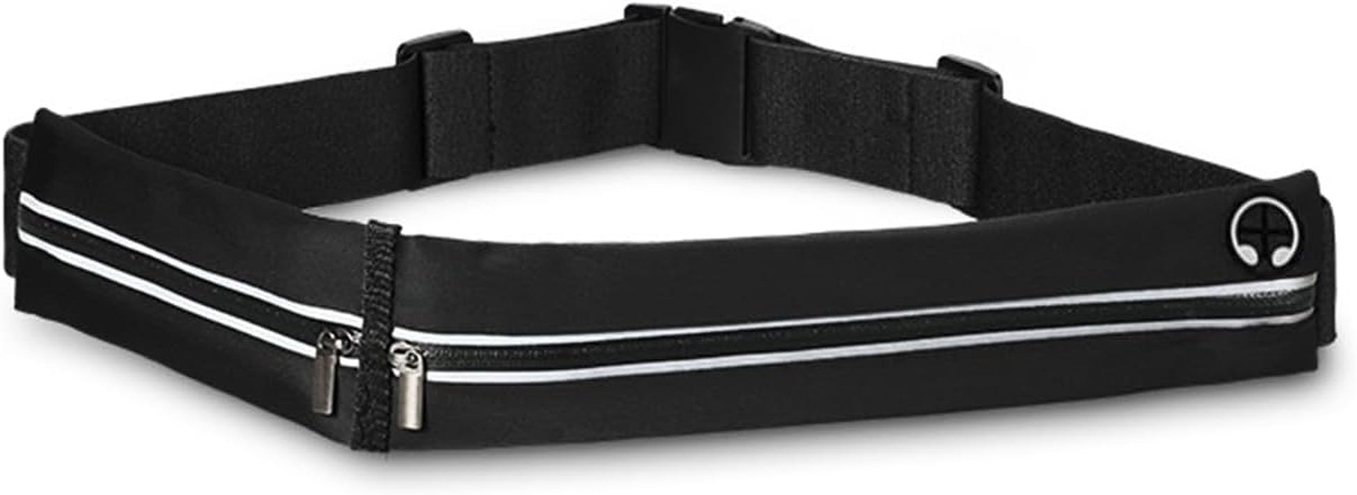 Black slim running belt with reflective strips worn around woman's waist