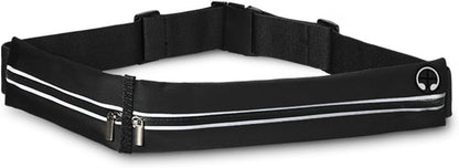 Black slim running belt with reflective strips worn around woman's waist