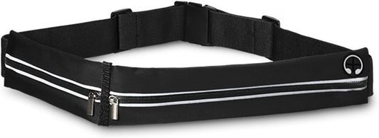 Black slim running belt with reflective strips worn around woman's waist
