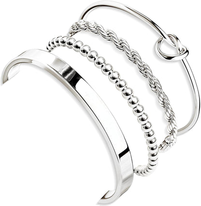 Silver Bracelets for Women Stack, Silver or Gold Plated Cuff Bangle Set, Trendy Silver Jewelry for Women Fashion