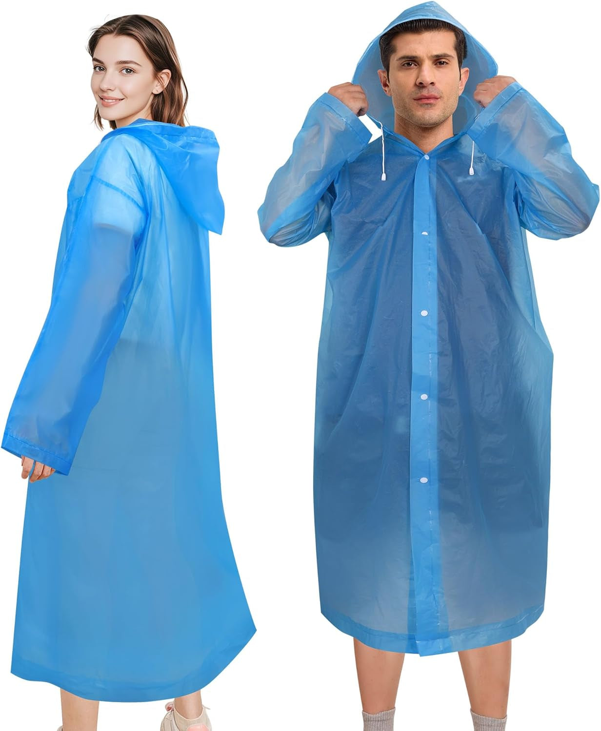 Rain Ponchos for Adults Reusable (2 Pack), Waterproof EVA Raincoats with Hood & Drawstring for Women & Men