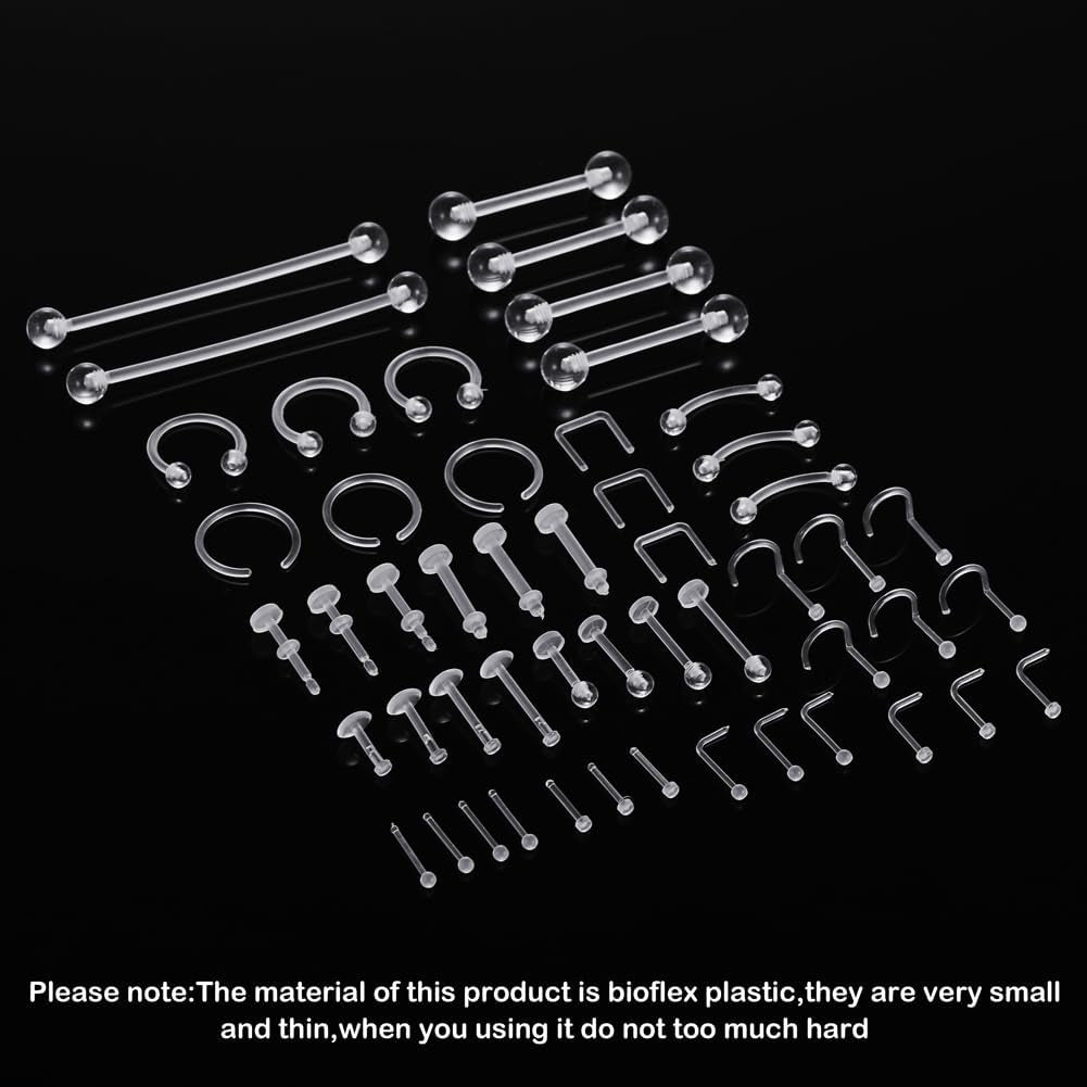 Clear Piercing Retainers - Flexible Nose, Septum Nipple Rings Plastic Body Jewelry Kit for Sports Bioflex Lip Eyebrow Belly Tongue Industrial Barbell