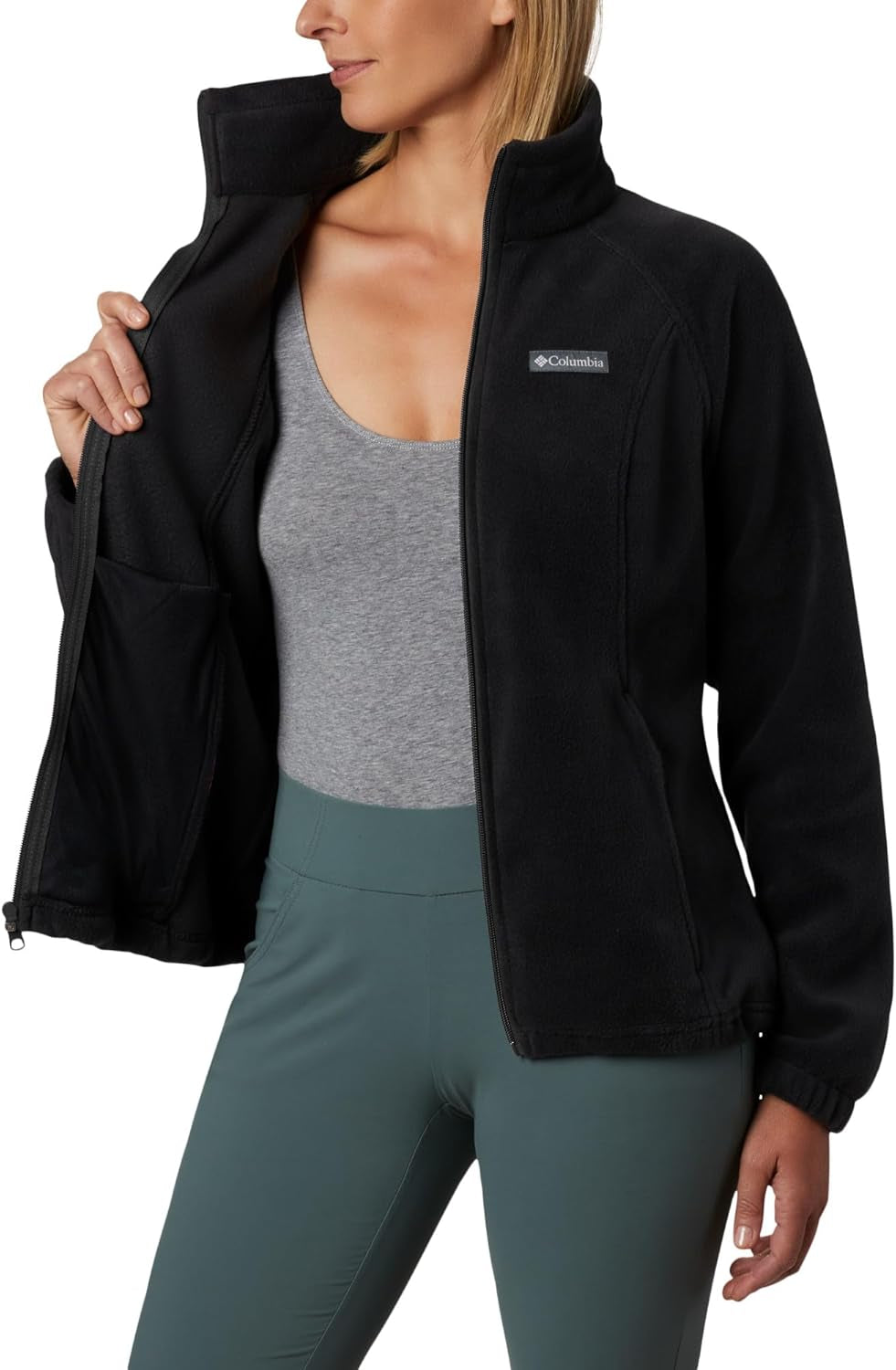 Detail of zipper closure and collar on Columbia fleece