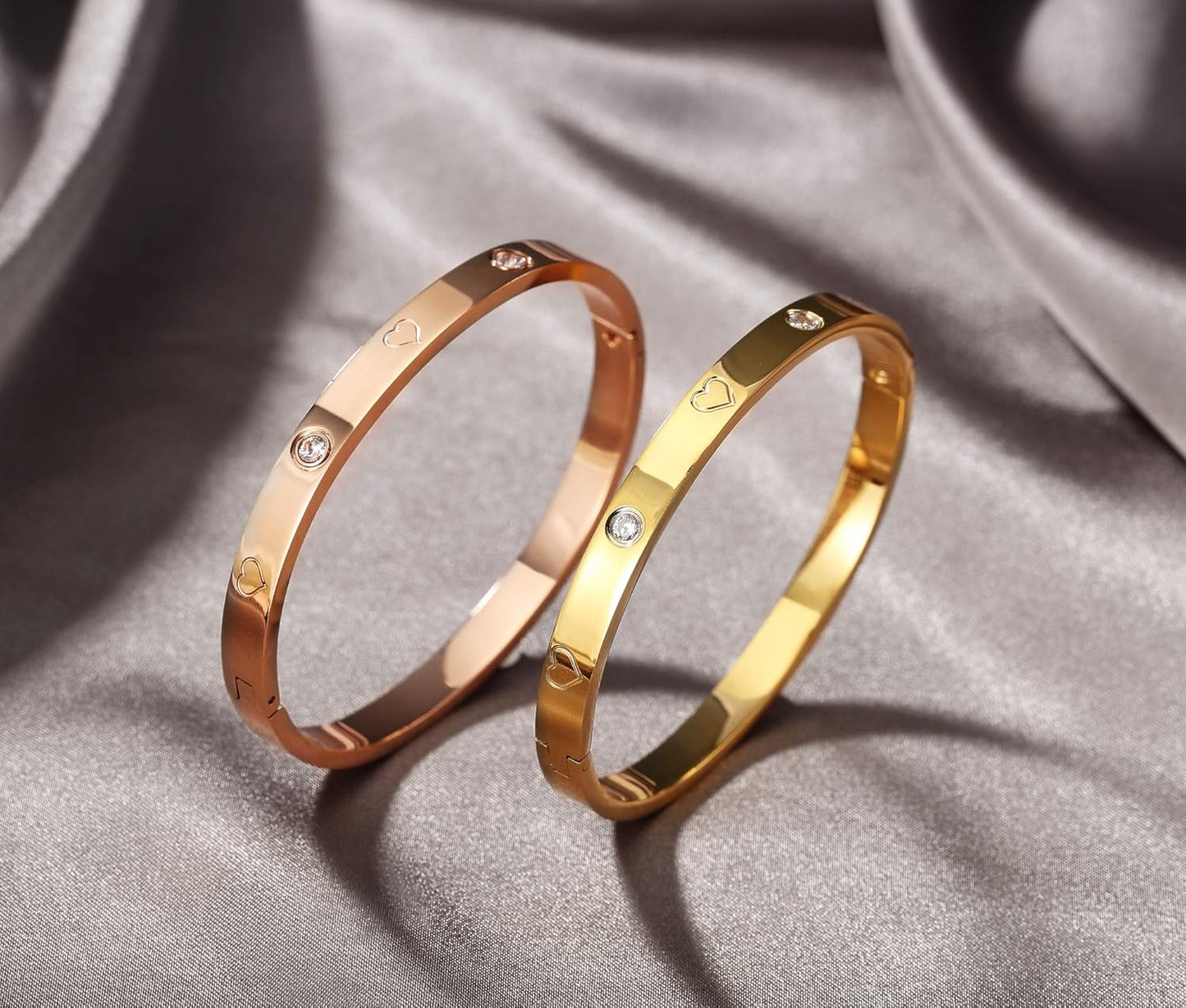 Christmas Gift MVCOLEDY Jewelry Gold /White Gold Plated Bangle Bracelet Heart Stone Stainless Steel with Crystal Bangle Bracelets for Women Jewelry Size 6.7 Inches