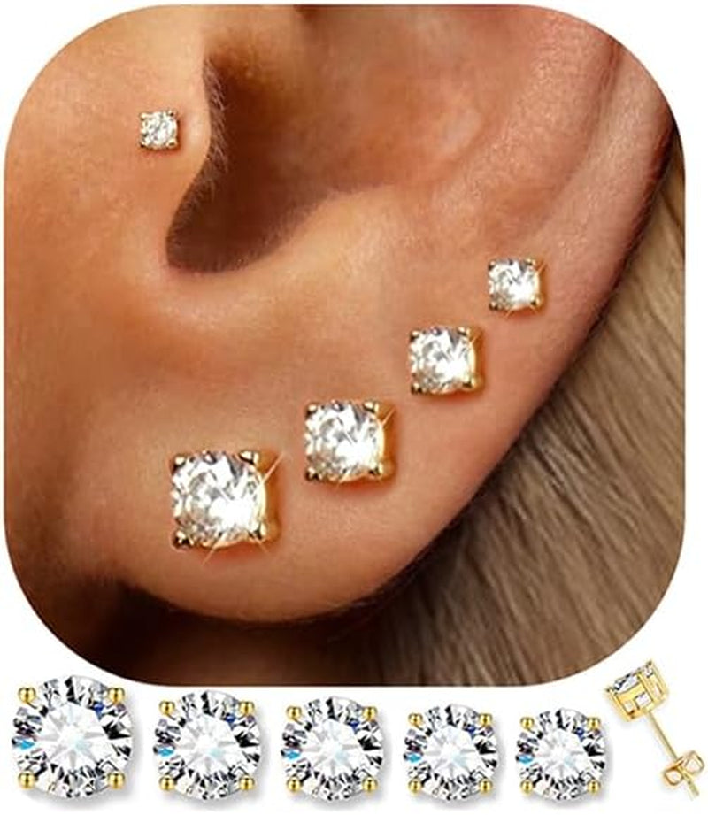 5 Pairs 14K Gold Plated Stud Earrings for Women, Hypoallergenic Earring Sets for Multiple Piercing, Premium Cubic Zirconia Studs Earrings for Women