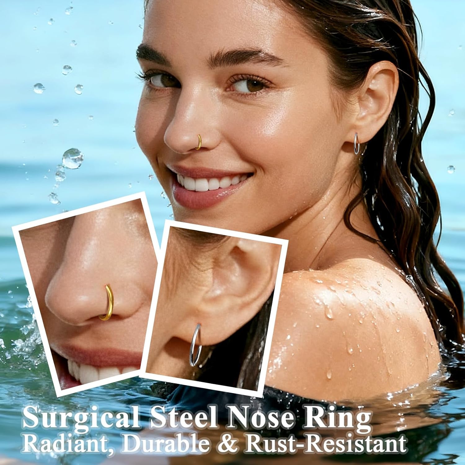 Hypoallergenic 10PCS 16G Large Nose Rings Hoops Set for Women Men, Gold/Silver 316L Surgical Stainless Steel Nose Hoops Hinged Clicker Earrings for Nose Cartilage Body Piercing Jewelry 8/10/12/14/16Mm