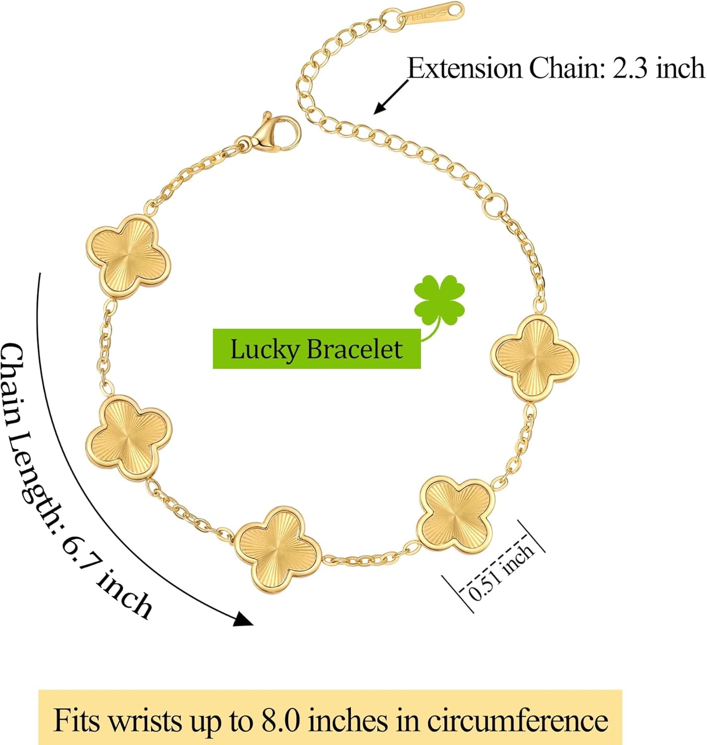 (Sturdy Version) 18K Gold Plated Bracelets for Women Men (Double Sided) Four Leaf Clover Cute Trendy Lucky Braclet (Adjustable) Fit Wrist within 8 Inch, Gold White Black Green Blue Red Pink