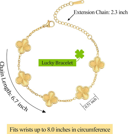(Sturdy Version) 18K Gold Plated Bracelets for Women Men (Double Sided) Four Leaf Clover Cute Trendy Lucky Braclet (Adjustable) Fit Wrist within 8 Inch, Gold White Black Green Blue Red Pink