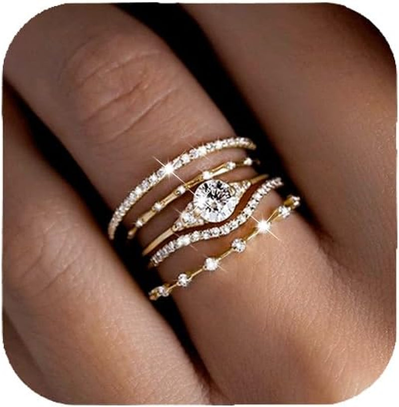 If YOU Gold Rings for Women Non Tarnish, Dainty 14K Gold Plated Stackable Cubic Zirconia Knuckle Ring Set, Trendy Statement Promise Wedding Bands Stacking Engagement Rings Size 6 7 8 9 10