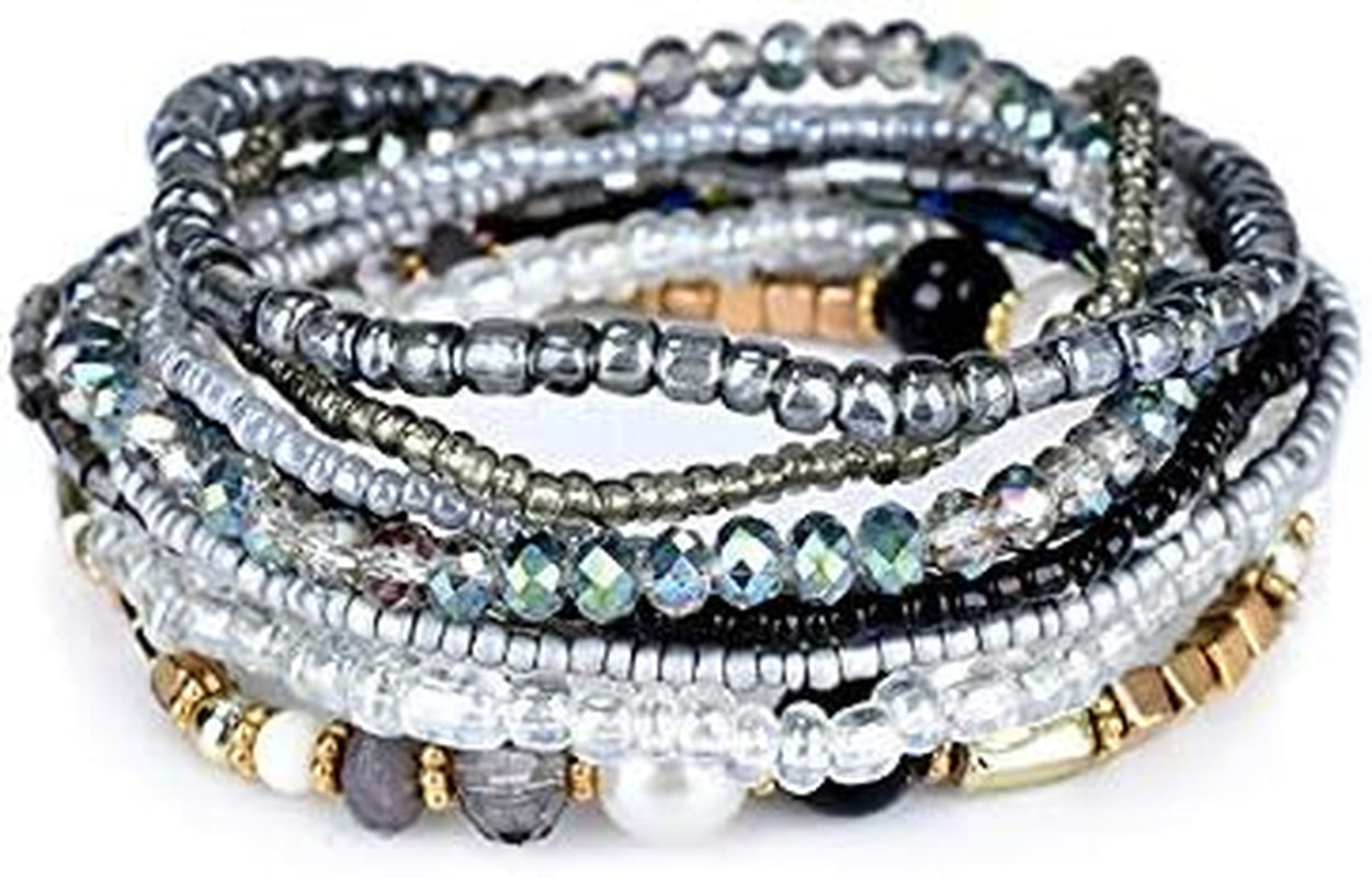 Pingyongchang Bohemian Stackable Bead Bracelets for Women Multilayer Stretch Bangles Bracelet Set Handmade Multicolor Crystal Beaded Bracelets Set Boho Charms Jewelry