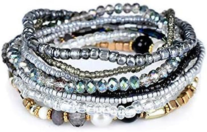 Pingyongchang Bohemian Stackable Bead Bracelets for Women Multilayer Stretch Bangles Bracelet Set Handmade Multicolor Crystal Beaded Bracelets Set Boho Charms Jewelry