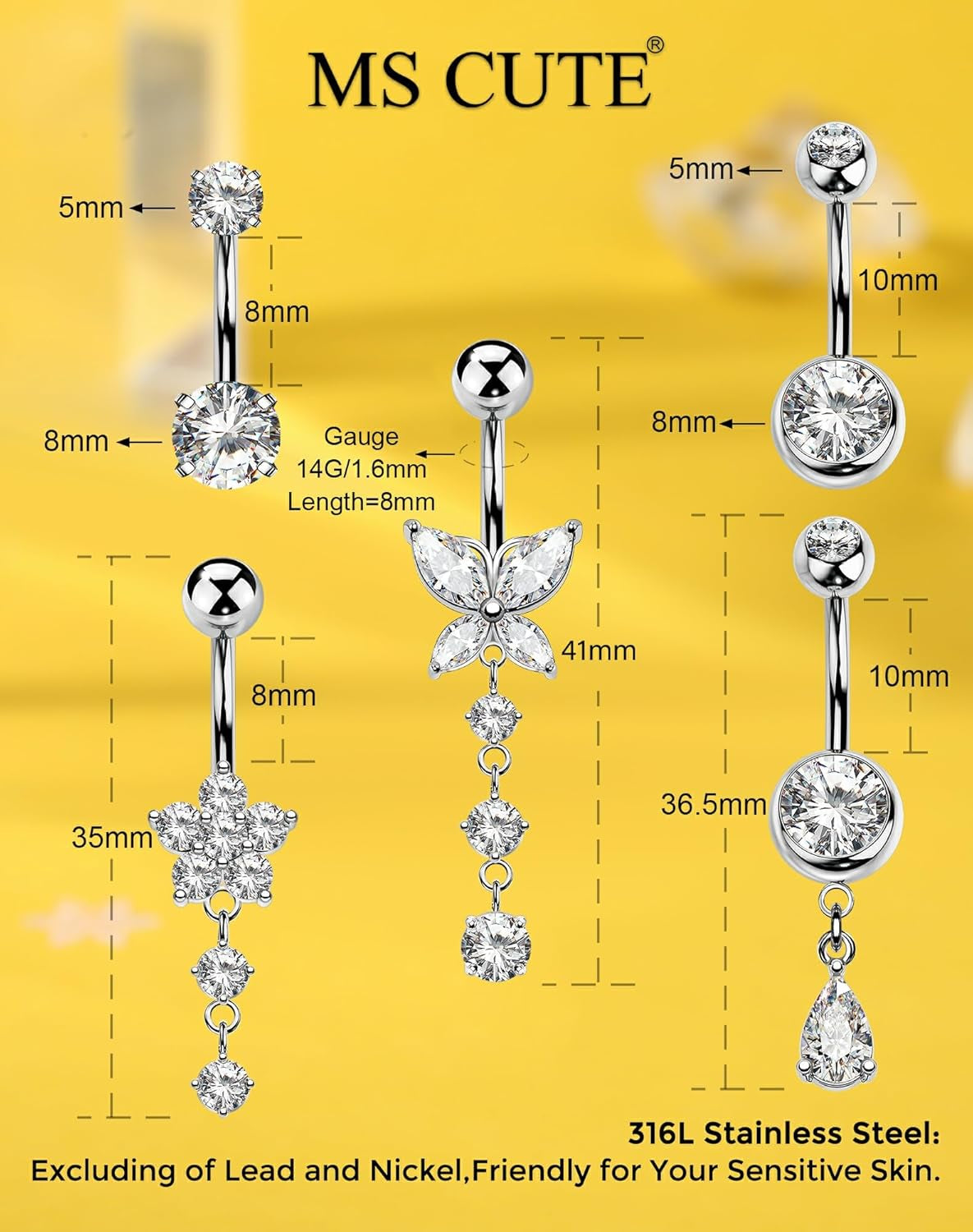 5PCS Belly Button Rings for Women 14G Dangle Navel Piercing Jewelry Set Surgical Stainless Steel Body Jewelry with CZ Butterfly Flower Teardrop Barbell for Beach Festival Daily