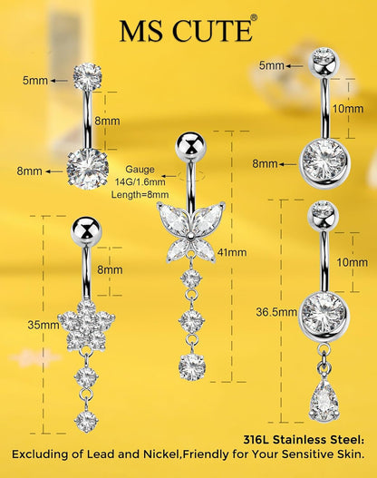 5PCS Belly Button Rings for Women 14G Dangle Navel Piercing Jewelry Set Surgical Stainless Steel Body Jewelry with CZ Butterfly Flower Teardrop Barbell for Beach Festival Daily