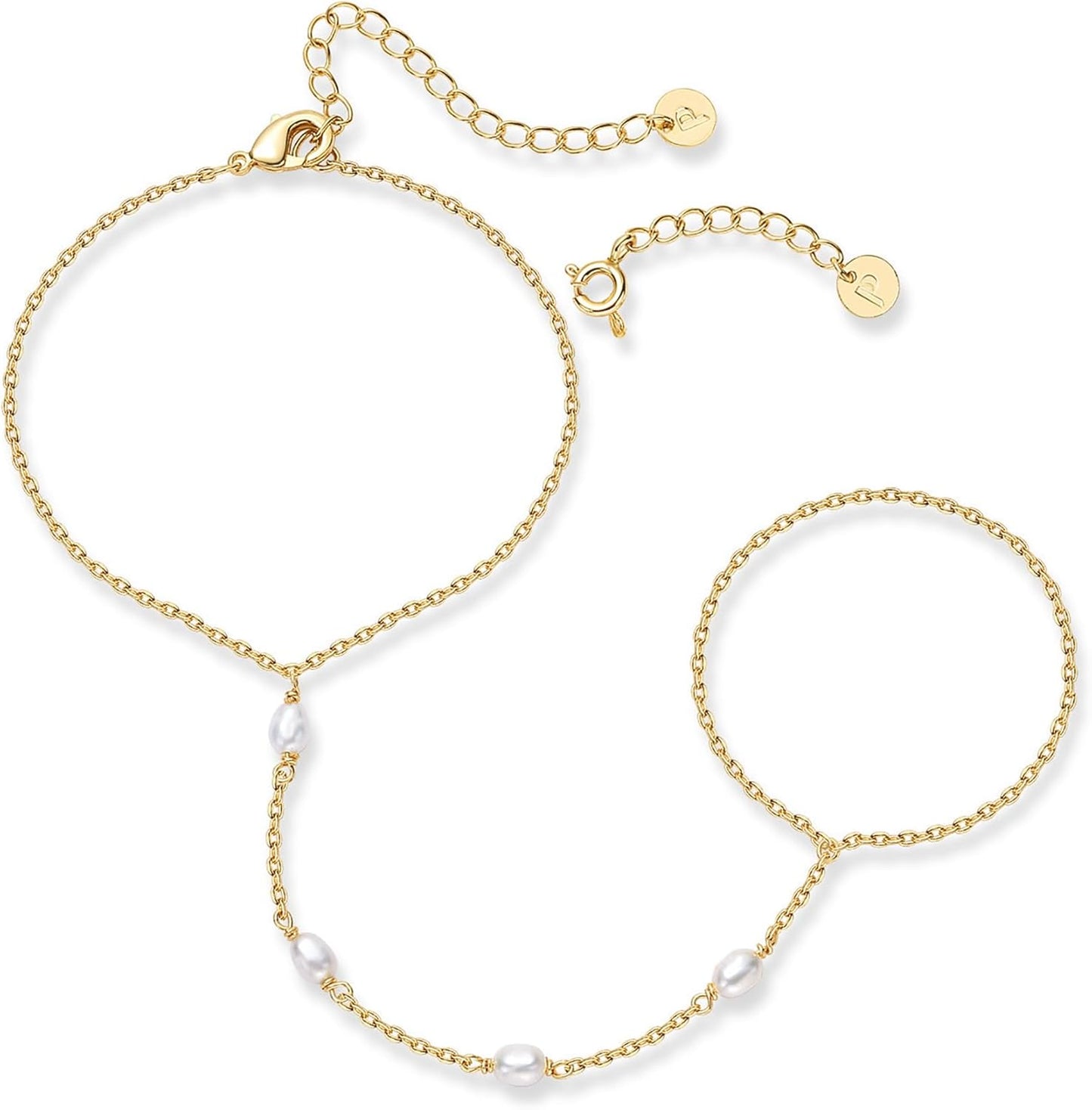 PAVOI 14K Gold Plated Hand Chains for Women - Adjustable Hand Chain Bracelet and Ring - Trendy Gold Handchain Bracelet Stack Summer Jewelry - Beads, Pearl, and Cubic Zirconia Body Jewelry