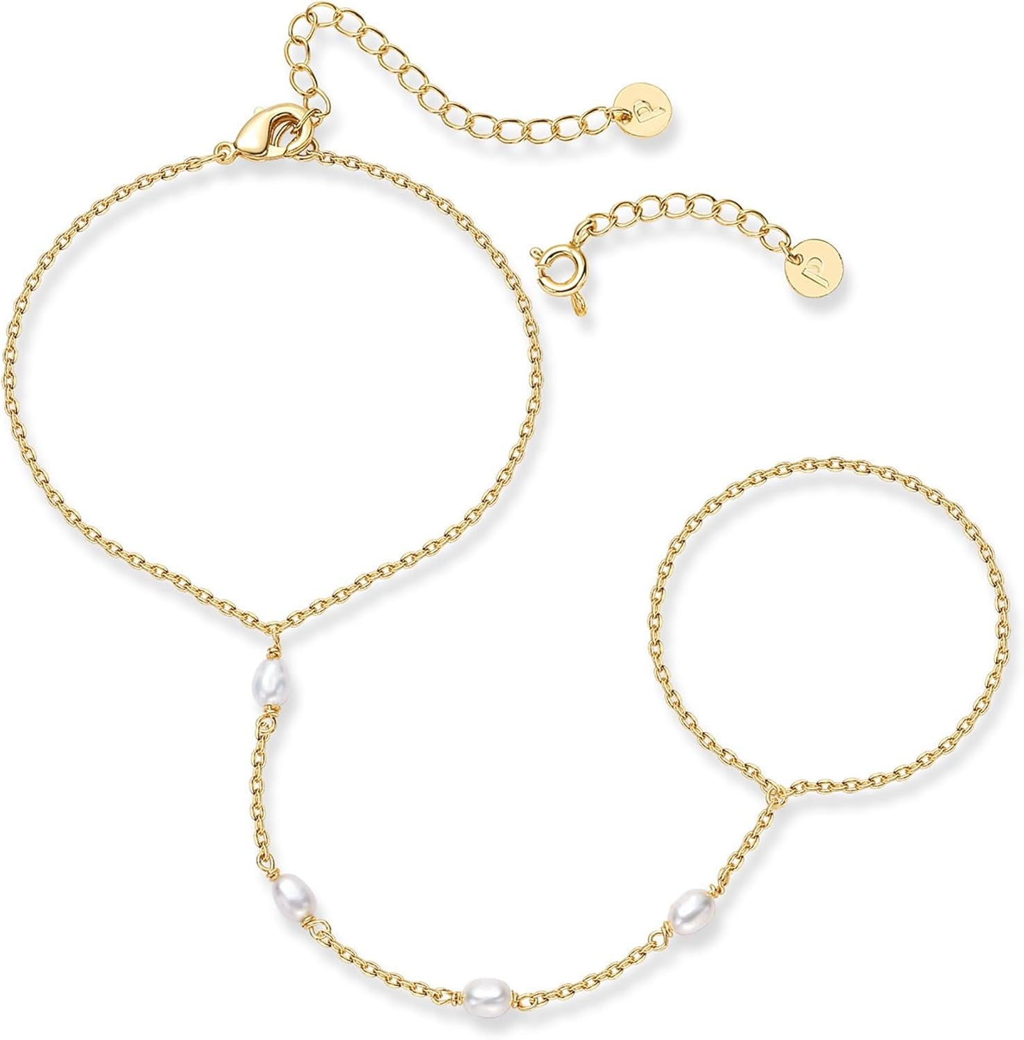 PAVOI 14K Gold Plated Hand Chains for Women - Adjustable Hand Chain Bracelet and Ring - Trendy Gold Handchain Bracelet Stack Summer Jewelry - Beads, Pearl, and Cubic Zirconia Body Jewelry