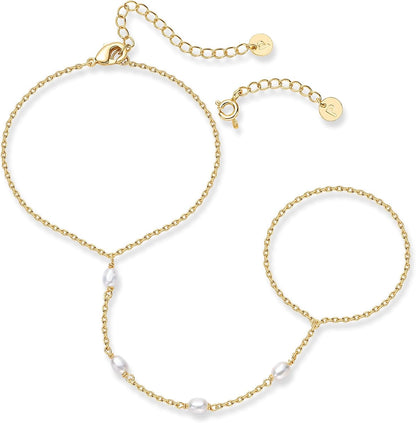 PAVOI 14K Gold Plated Hand Chains for Women - Adjustable Hand Chain Bracelet and Ring - Trendy Gold Handchain Bracelet Stack Summer Jewelry - Beads, Pearl, and Cubic Zirconia Body Jewelry