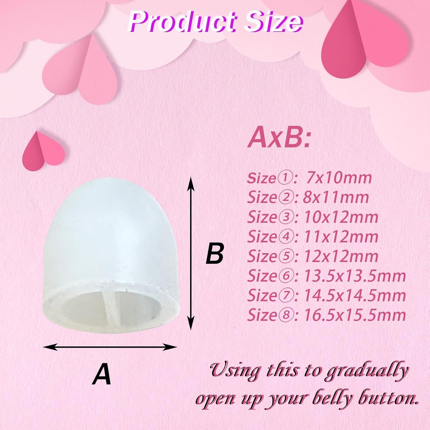 Comparison of all 8 belly button plug pieces in recovery shaper set