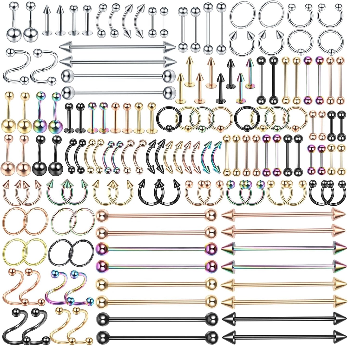 Xpircn 150PCS Piercing Kit Jewelry Stainless Steel Lip Nose Tongue Tragus Cartilage Daith Eeybrow Belly Button Rings Body Piercing Tools 14G 16G 20G