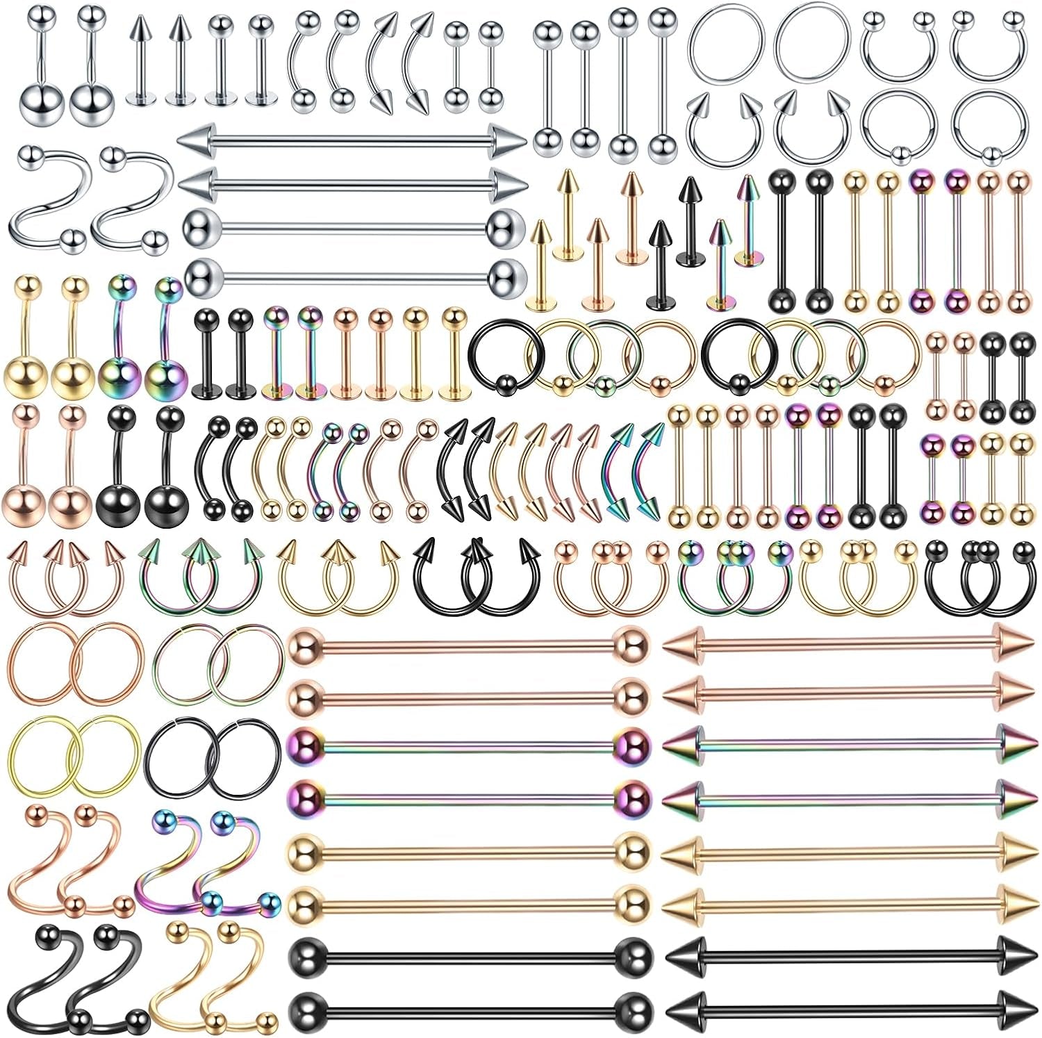 Xpircn 150PCS Piercing Kit Jewelry Stainless Steel Lip Nose Tongue Tragus Cartilage Daith Eeybrow Belly Button Rings Body Piercing Tools 14G 16G 20G