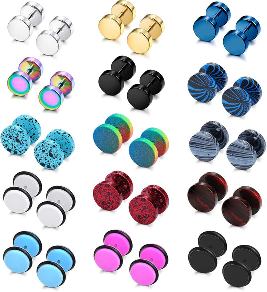 Sailimue 15 Pairs Mens Stud Earrings Set Stainless Steel Ear Piercing Faux Cheater Illusion Plugs Tunnel Flat Back Stud Earrings Fake Gauges Earrings for Men Women