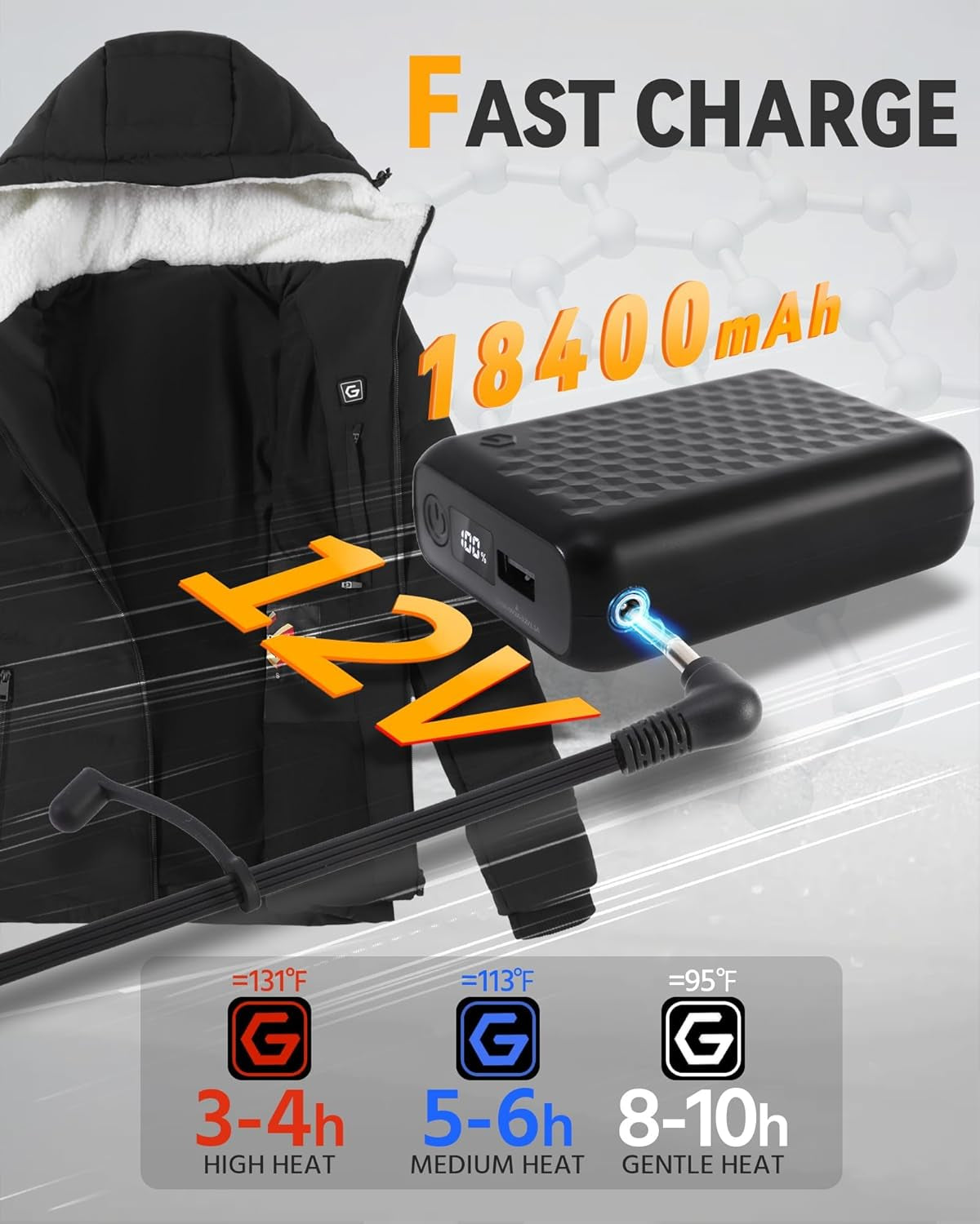 12V fast charge heated coat with large 18400mAh capacity battery