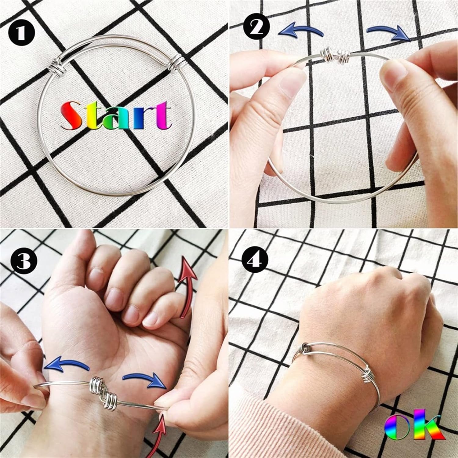 Women wearing expandable silver charm bracelet stack together