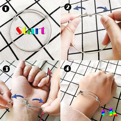 Women wearing expandable silver charm bracelet stack together