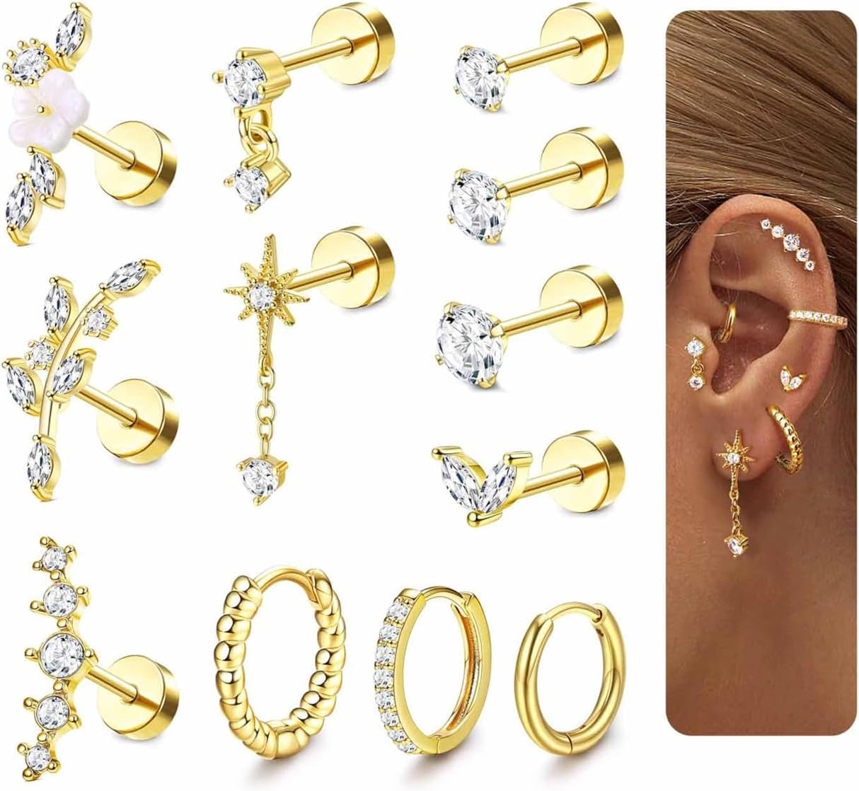 LOLIAS 16 Gauge Cartilage Earrings for Women Flat Back-Hypoallergenic Surgical Stainless Steel Stud Hoop Cartilage Earring Set Daith Conch Tragus Helix Piercing Jewelry Single PC