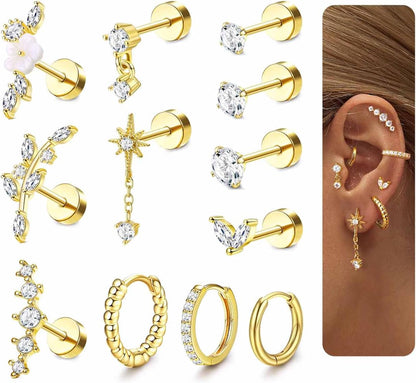 LOLIAS 16 Gauge Cartilage Earrings for Women Flat Back-Hypoallergenic Surgical Stainless Steel Stud Hoop Cartilage Earring Set Daith Conch Tragus Helix Piercing Jewelry Single PC