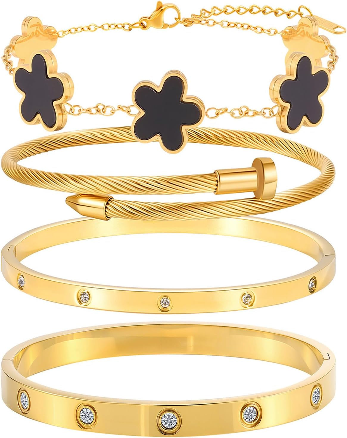 18K Gold Bracelets for Women - Stackable Clover & Nail Love Bangle Set - Non-Tarnish Stainless Steel Jewelry Gift for Valentine'S, Mother'S Day & Christmas