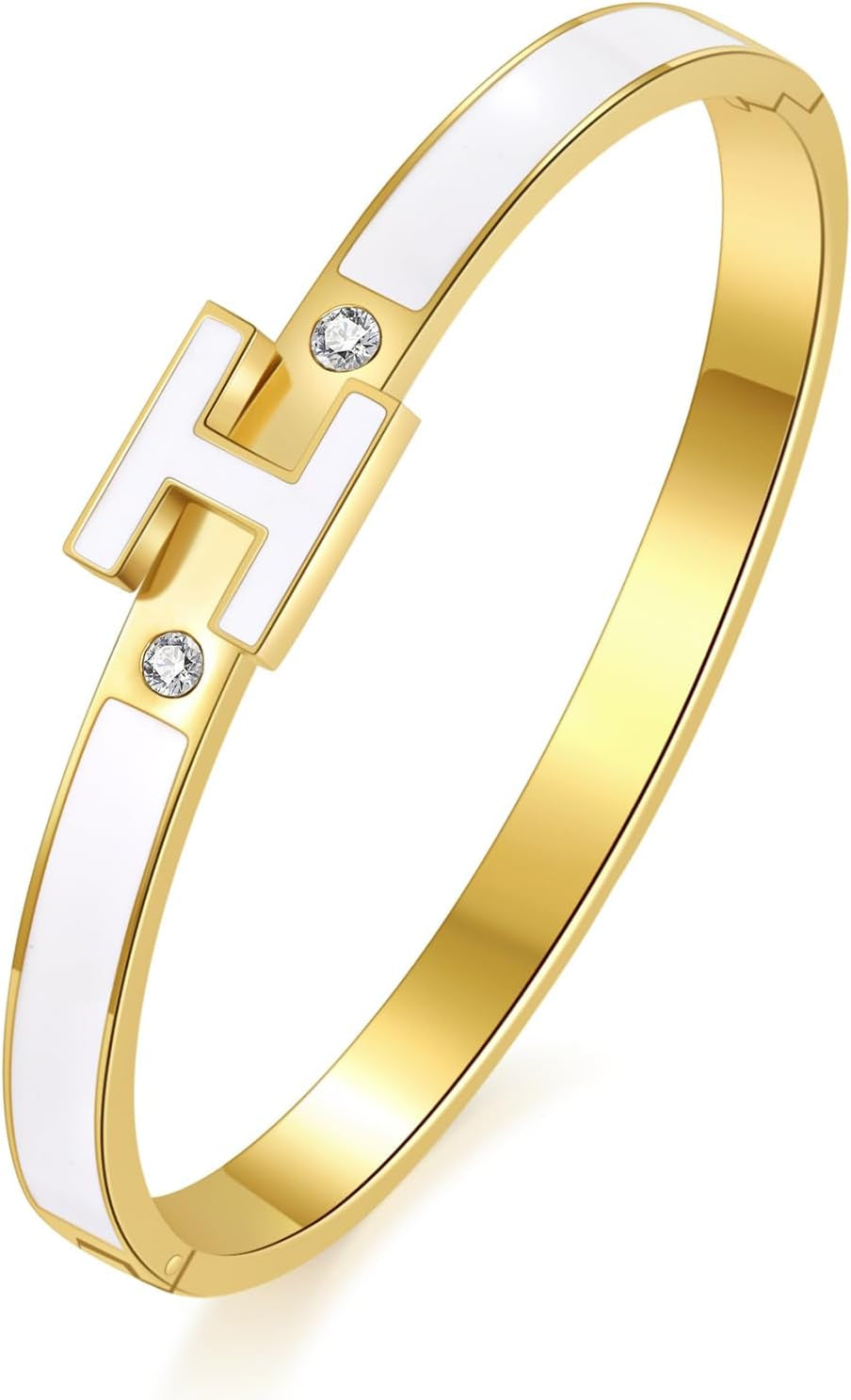 H Bracelet for Women - 18K Gold Plated Titanium Steel Cuff | Cubic Zirconia Bangle Jewelry Gift, Simple & Durable Everyday Wear (S/M/L Size)