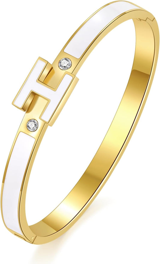 H Bracelet for Women - 18K Gold Plated Titanium Steel Cuff | Cubic Zirconia Bangle Jewelry Gift, Simple & Durable Everyday Wear (S/M/L Size)