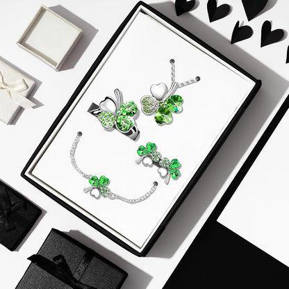 Gyovinnjuwanua Four Leaf Clover Alloy Jewelry - 4Pcs Irish Saint St.Patrick'S Day Lucky Necklace Bracelet Earrings Ring Jewelry Gifts, Clover Silver Alloy Ornament & Plush Gift Pouch for Women