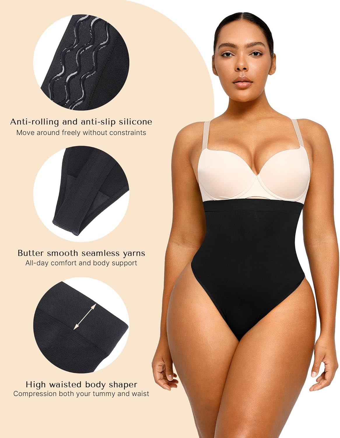 Woman wearing high waisted body shaper thong demonstrating smooth silhouette effect