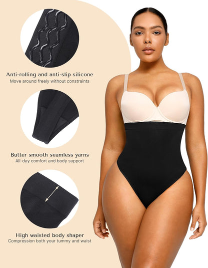 Woman wearing high waisted body shaper thong demonstrating smooth silhouette effect