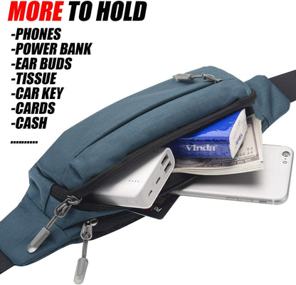 Front view of waist pouch with three zipper pockets open
